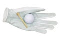 White synthetic microfiber Golf glove with a golf ball and bamboo golf tee Royalty Free Stock Photo