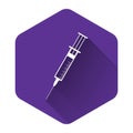White Syringe icon isolated with long shadow. Syringe sign for vaccine, vaccination, injection, flu shot. Medical Royalty Free Stock Photo