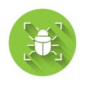 White System bug concept icon isolated with long shadow. Code bug concept. Bug in the system. Bug searching. Green