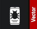 White System bug on mobile icon isolated on black background. Code bug concept. Bug in the system. Bug searching. Vector Royalty Free Stock Photo