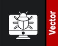 White System bug on monitor icon isolated on black background. Code bug concept. Bug in the system. Bug searching