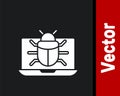 White System bug on monitor icon isolated on black background. Code bug concept. Bug in the system. Bug searching