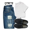 White t-shirt, blue boyfriend jeans, glasses and black textile s Royalty Free Stock Photo