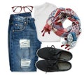 White t-shirt, blue boyfriend jeans, red glasses, scarf and black textile shoes Royalty Free Stock Photo