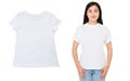 White t-shirt close up, Young asian girl isolated on white background. Copy space. Mock up. Summer woman clothes blank template Royalty Free Stock Photo