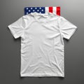 A white t shirt is displayed flat with an american flag behind on a gray surface in a studio setting Royalty Free Stock Photo