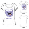 White t shirt with fashion print with Vector illustration funny crazy monster. Sketch illustration drawn with colored crayons