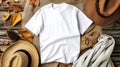 a white t-shirt mockup with a blank shirt template photo, featuring stylish fall accessories against a rustic burlap Royalty Free Stock Photo