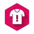 White T-shirt protest icon isolated with long shadow. Pink hexagon button. Vector