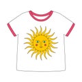 White T-shirt with short sleeves and retro sun with rays and eyes. A summer garment. A color vector illustration with an