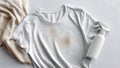 Stain Remover Spray Bottle on White T-Shirt with Brown Stain, Laundry Pretreatment Flat Lay, AI Generated Royalty Free Stock Photo