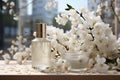 White table backdrop adorned with skin cream bottles and delicate flowers