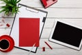 White table boards folder red notepad cup morning coffee clock paper clip workflow preparation Royalty Free Stock Photo