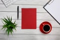 White table boards folder red notepad cup morning coffee workflow preparation meeting Royalty Free Stock Photo