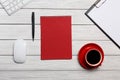 White table boards folder red notepad cup morning coffee workflow preparation meeting Royalty Free Stock Photo