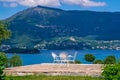 White table and chairs at terrace with stunning view to sea lagoon Royalty Free Stock Photo