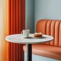 White table with a cup of coffee and a donut on it Royalty Free Stock Photo