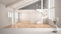 White table, desk or shelf with crystal modern hourglass measuring the passing time over blurred modern empty space, architecture