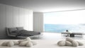 White table, desk or shelf with five soft white pillows in the shape of stars or flowers, over blurred modern bedroom with panoram