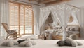 White table, desk or shelf with five soft white pillows in the shape of stars or flowers, over bohemian bedroom with canopy bed,