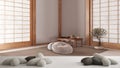 White table, desk or shelf with five soft white pillows in the shape of stars or flowers, over minimal meditation room,