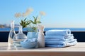 White table hosts cleaning essentials, set against blue gradient, abundant copy area Royalty Free Stock Photo
