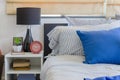 White table with plant in vase on book and black lamp in bedroom