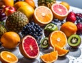 on a white table, several fruit halves, as many types of exotic fruits