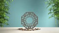 White table shelf with ba gua, pebble stone and bamboo plants, turquoise ciano background with copy space, zen concept interior