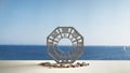 White table shelf with bagua and pebble stone, calm sea with blue sky and ships, zen concept interior design, feng shui template