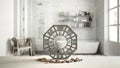 White table shelf with bagua and pebble stone, vintage bathroom with bathtub and shower, zen concept interior design, feng shui