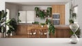 White table or shelf with crystal hourglass measuring the passing time over minimal dining room and kitchen, sofa, house plant