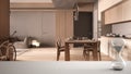 White table or shelf with crystal hourglass measuring the passing time over minimal kitchen, dining room with concrete details,