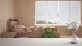 White table or shelf with crystal hourglass measuring the passing time over modern child bedroom with single bed, architecture int