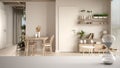White table or shelf with crystal hourglass measuring the passing time over modern wooden living room with dining table and chairs