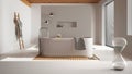 White table or shelf with crystal hourglass measuring the passing time over wooden japandi bathroom with bathtub, architecture