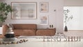 White table shelf with pebble balance and 3d letters making the word feng shui over modern living room with leather sofa, carpet Royalty Free Stock Photo