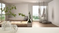 White table top or shelf with glass vase with hydroponic plant, ornament, root of plant in water, branch in vase, empty yoga