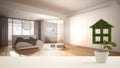 White table top or shelf with green plant in pot shaped like house, modern blurred bedroom with bathroom in the background,