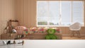 White table top or shelf with minimalistic bird ornament, birdie knick - knack over blurred colored child bedroom with single bed,