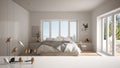 White table top or shelf with minimalistic bird ornament, birdie knick - knack over blurred contemporary bedroom with big windows,