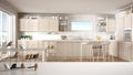 White table top or shelf with minimalistic bird ornament, birdie knick - knack over blurred contemporary white and wooden kitchen