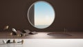 White table top or shelf with minimalistic bird ornament, birdie knick - knack over empty space, window with curtain, concrete