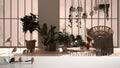 White table top or shelf with minimalistic bird ornament, birdie knick - knack over modern conservatory, winter garden, lounge