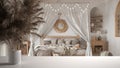 White table top or shelf with straws, dry plants, ornament, ears, sheaf, branch in vase, over bohemian bedroom with canopy bed,