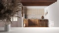 White Table Top Or Shelf With Straws, Dry Plants, Ornament, Ears, Sheaf, Branch In Vase, Over Farmhouse Kitchen With Island,