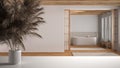 White table top or shelf with straws, dry plants, ornament, ears, sheaf, branch in vase, over japandi bathroom with freestanding