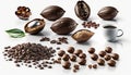 a white table topped with chocolates and nuts next to a cup of coffee and a leaf and a spoon with a spoon in it. generative ai