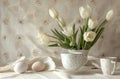 a white table with tulips, eggs and cups in it Royalty Free Stock Photo