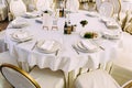 White tableclothes on the wedding tables Royalty Free Stock Photo